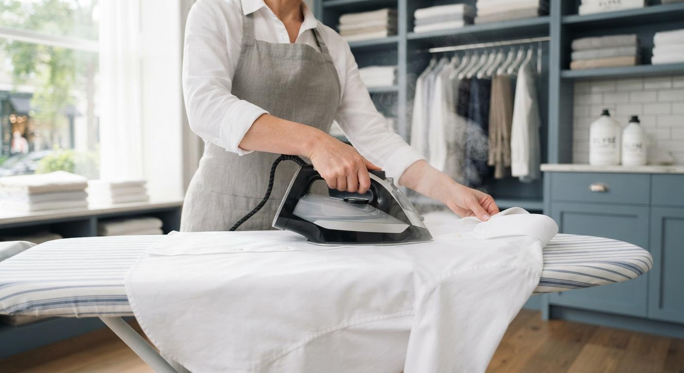 A steam iron pressing a white shirt